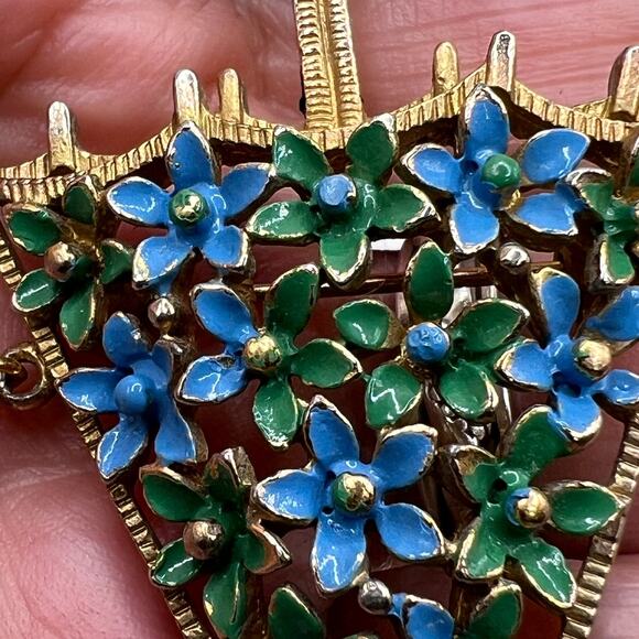 LISNER Vintage Floral Umbrella PARASOL Brooch Blue Green Enamel Gold Tone - Picture 5 of 9